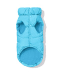 Aqua dachshund puffer underside showing fleece lining and snap closure