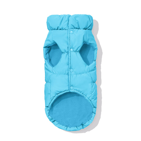 Aqua dachshund puffer underside showing fleece lining and snap closure
