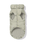 Beige dachshund puffer underside showing fleece lining and snap closure