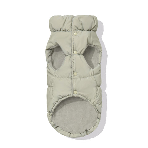 Beige dachshund puffer underside showing fleece lining and snap closure