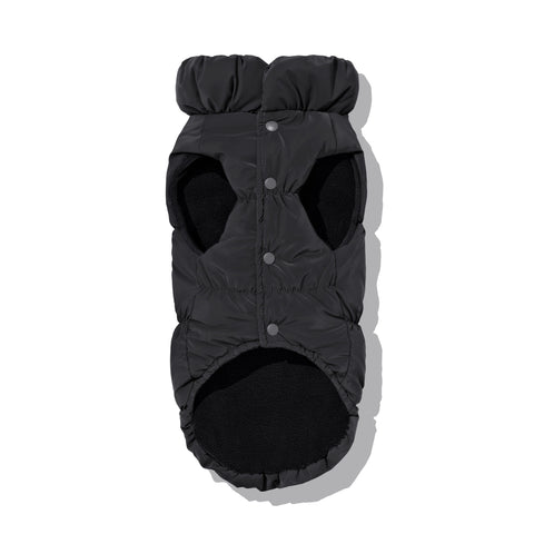 Black dachshund puffer underside showing fleece lining and snap closure