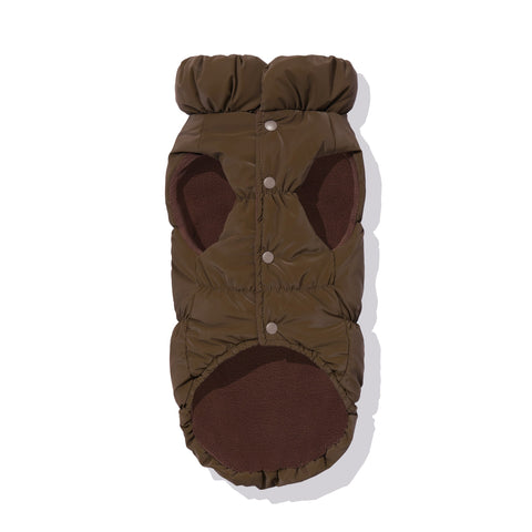 Espresso dachshund puffer underside showing fleece lining and snap closure
