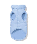 Light Blue dachshund puffer underside showing fleece lining and snap closure
