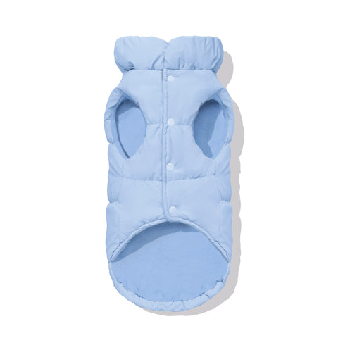 Light Blue dachshund puffer underside showing fleece lining and snap closure