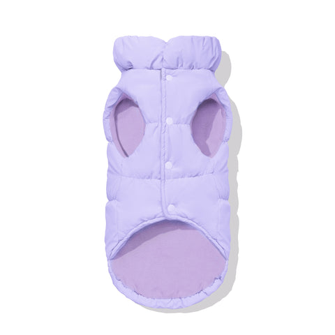 Light Purple dachshund puffer underside showing fleece lining and snap closure