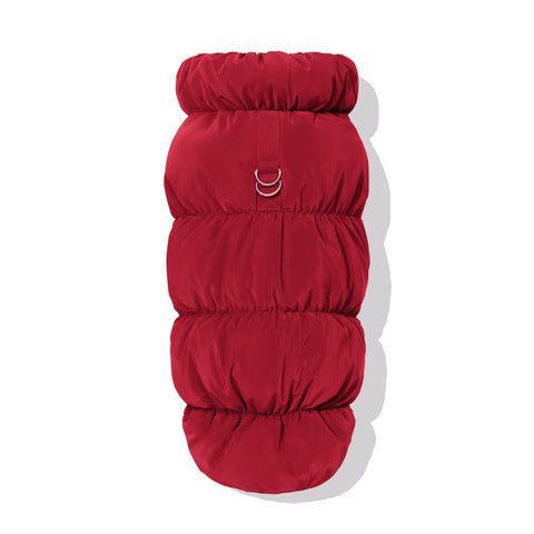Maroon dachshund fleece puffer jacket with leash D-ring
