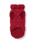 Maroon dachshund puffer underside showing fleece lining and snap closure