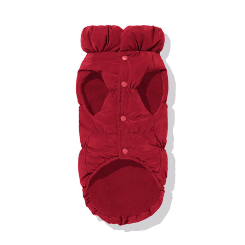Maroon dachshund puffer underside showing fleece lining and snap closure
