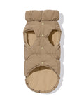 Mocha dachshund puffer underside showing fleece lining and snap closure