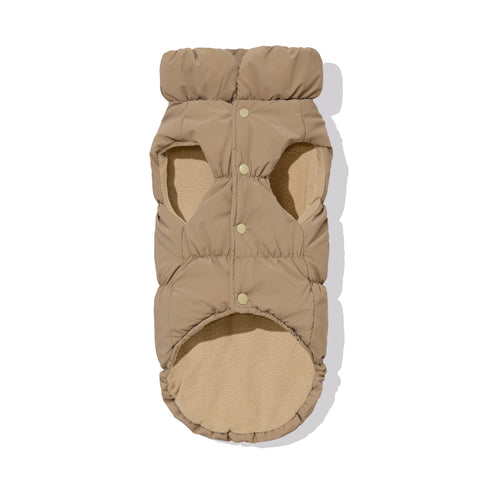 Mocha dachshund puffer underside showing fleece lining and snap closure