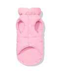 Pink dachshund puffer underside showing fleece lining and snap closure