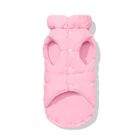 Pink dachshund puffer underside showing fleece lining and snap closure