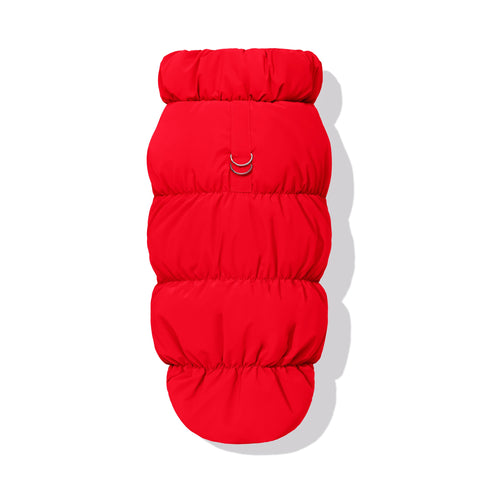 Red dachshund fleece puffer jacket with leash D-ring