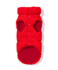Red dachshund puffer underside showing fleece lining and snap closure