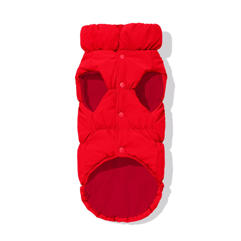 Red dachshund puffer underside showing fleece lining and snap closure