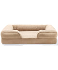 Beige Doxie Cloud Bed, front view showing the low open front and bolster walls