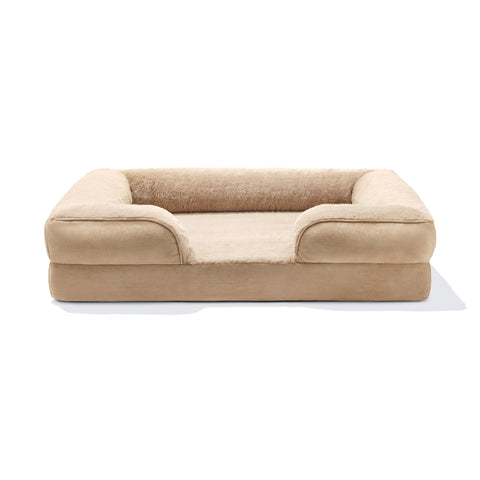 Beige Doxie Cloud Bed, front view showing the low open front and bolster walls