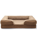 Brown Doxie Cloud Bed, front view showing the low open front and bolster walls