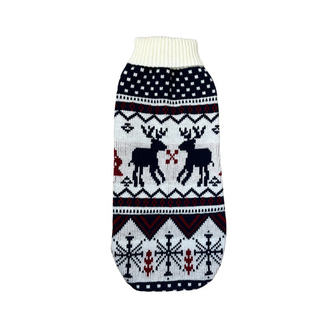 Blue & White Reindeer dachshund sweater in blue and white knit with reindeer pattern