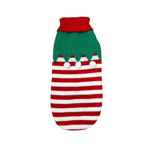 Elf dachshund sweater in green and red knit with elf pattern